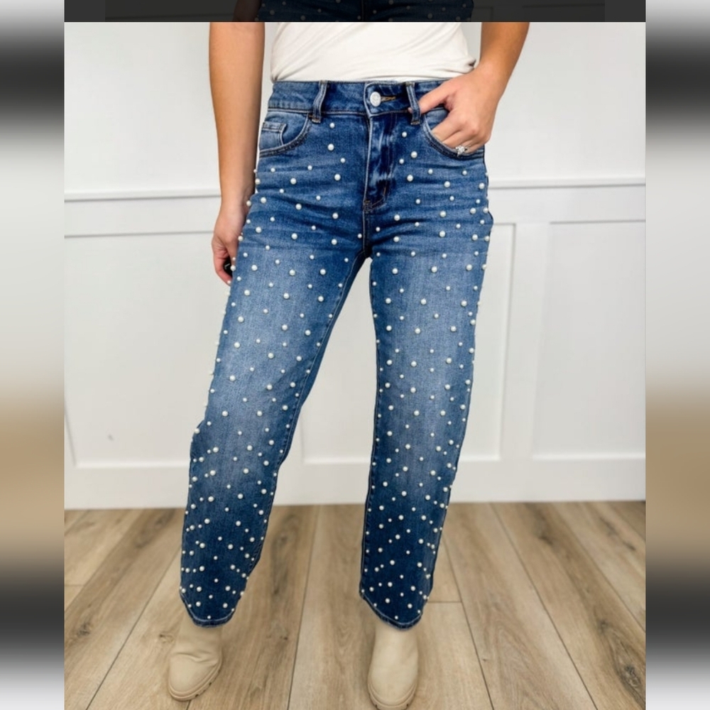 Blakeley Mid Rise Pearl Embellished Medium Wash Jeans Size 7/8